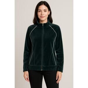Rafaela Petite M Dark Green Velour Zip Jacket White Piping Soft Zip Up